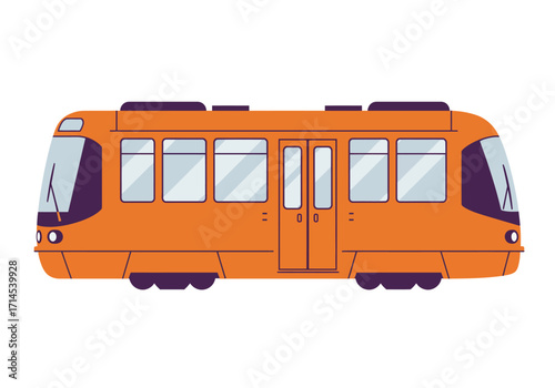 An orange tram with dark purple accents is displayed against a white background