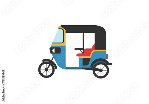 Auto rickshaw icon in blue with a red seat black roof and two black wheels