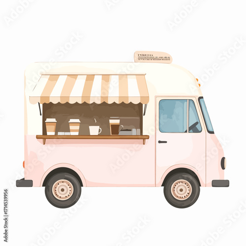 Pink coffee food truck with striped awning and drinks displayed.