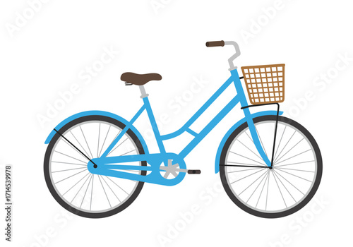 Blue bicycle with a brown basket and seat with visible spokes