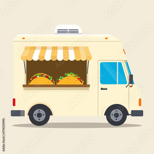 Flat vector illustration of a yellow taco food truck.