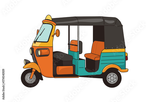 Colorful motorized threewheeled vehicle shaded black top visible seats bright paint