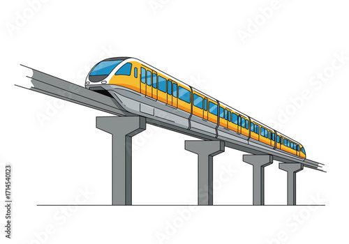 Elevated monorail train in yellow and gray runs on a concrete track supported by Tshaped pillars