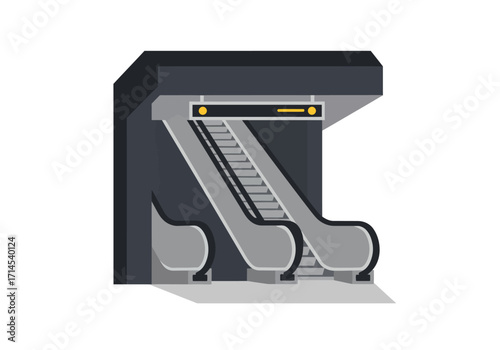 Escalator illustration shaded steps extend upward under a sign with two illuminated dots
