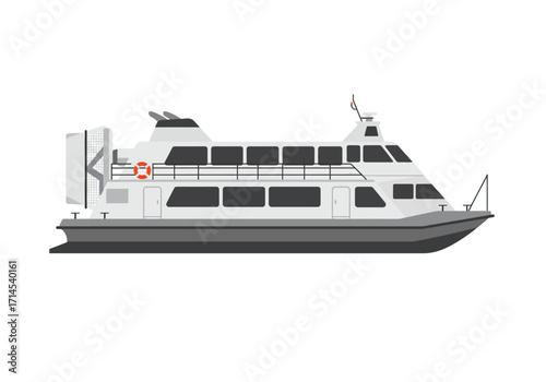 Gray and white boat with a red life preserver on the side
