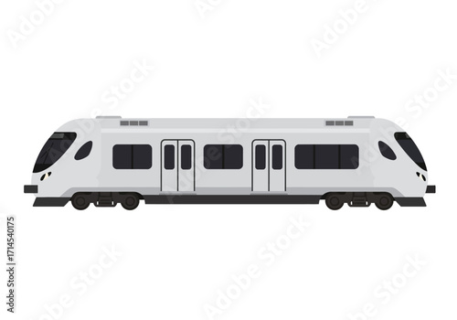 Gray modern train with windows doors black accents  wheels on a white backdrop