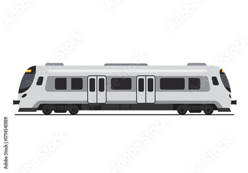 Gray train with dark windows and doors sits on tracks