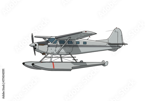 Gray seaplane illustration with floats propeller and wings