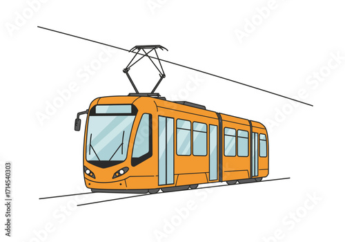 Orange tram on tracks powered by overhead lines