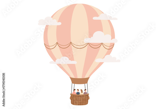 Pink hot air balloon with passengers striped pattern and cloud accents