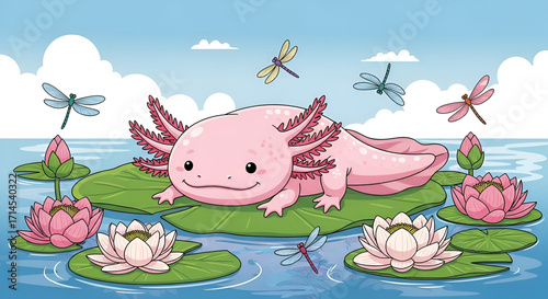 Pink Axolotl Resting on Lily Pad with Lotus Flowers Vector Cartoon Style