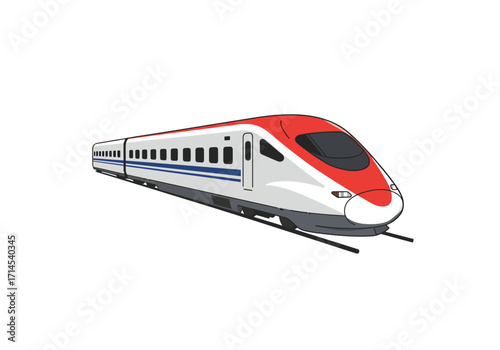Red  white bullet train on tracks Streamlined design multiple windows receding into perspective