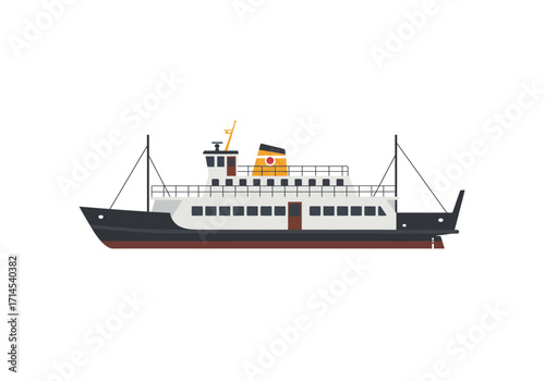 Ship A side view of a boat showing windows a door and two vertical poles with a rope connected to the end of the ship