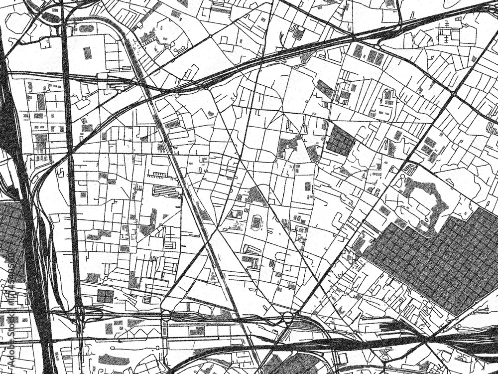 Naklejka premium Hand-drawn black and white city map of Aubervilliers, France, ready for wall art or editorial projects.