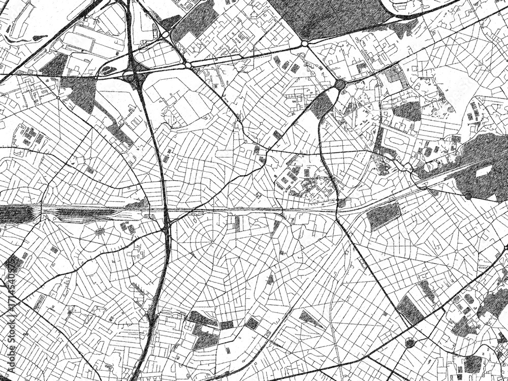 Naklejka premium Poster-ready black and white illustration map of Aulnay-sous-Bois, France, detailed and artistic.