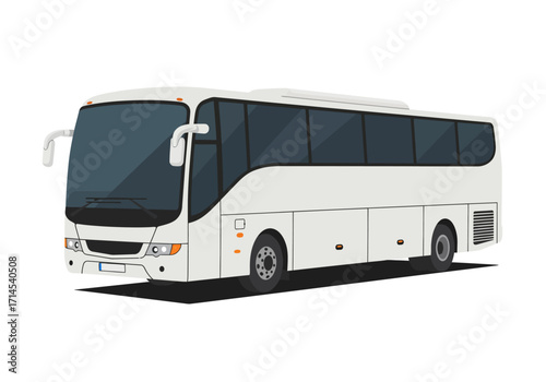 White coach bus with tinted windows and detailed design on a solid white background