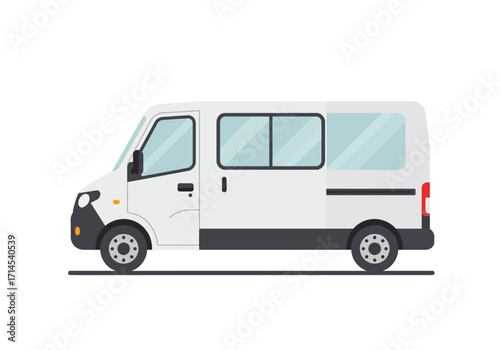 White van with windows and sliding door on a flat plane