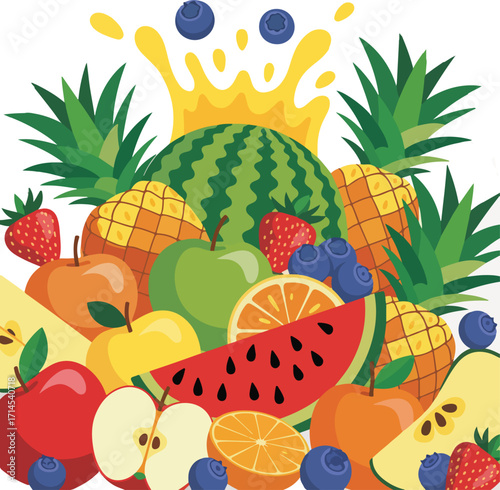 Tropical fruits  background illustration with pineapple orange apple banana and lemon