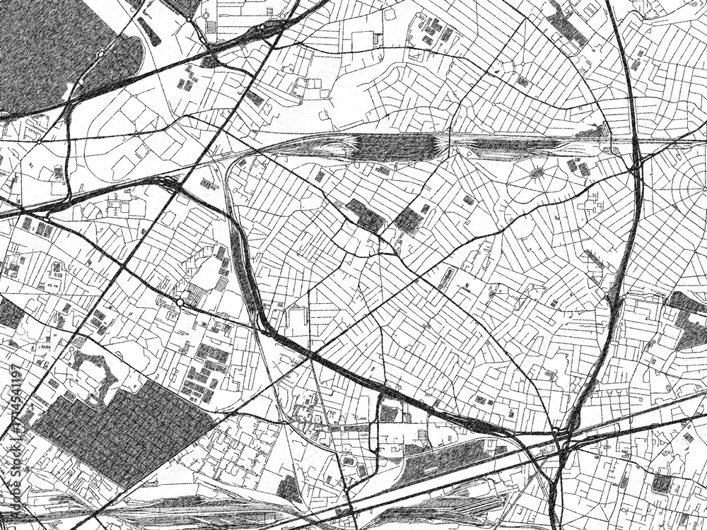 Obraz premium Black and white cartographic illustration of Drancy, France, in hand-drawn sketch form.