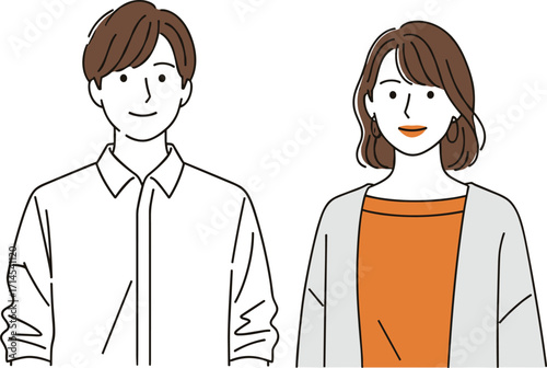 Cartoon illustration of two people, casual clothing, friendly expression, modern flat style, clean lines, minimal shading, approachable design, lifestyle, relationship, portrait, vector
