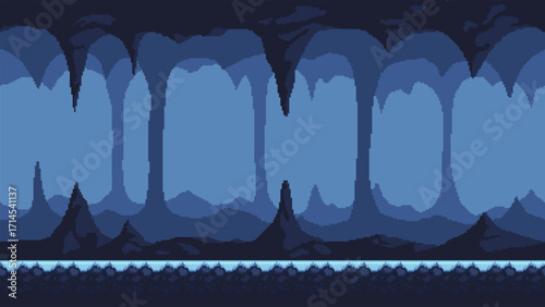 Pixel art frozen cave with stalactites and cold underground scenery. Retro 8-bit style icy background for platform games and fantasy environments. Vector, seamless when docking horizontally.