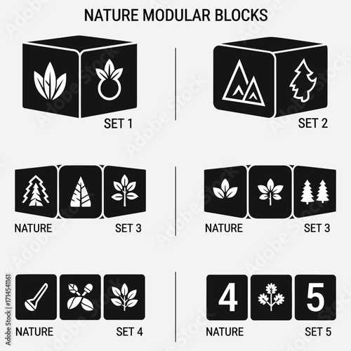 Collection of minimalist black and white modular blocks featuring diverse nature-inspired icons and symbols, perfect for graphic design elements and educational content