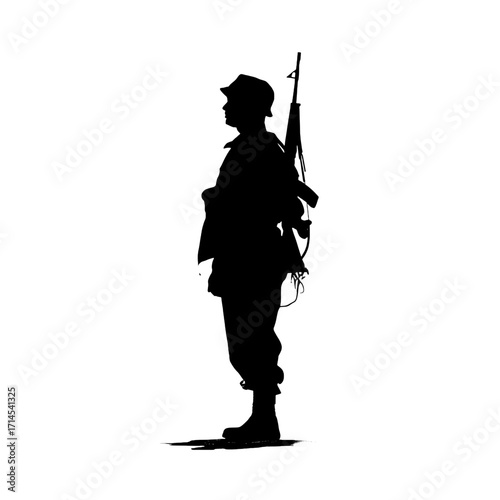 Silhouette of a Soldier Standing with a Rifle in Black and White