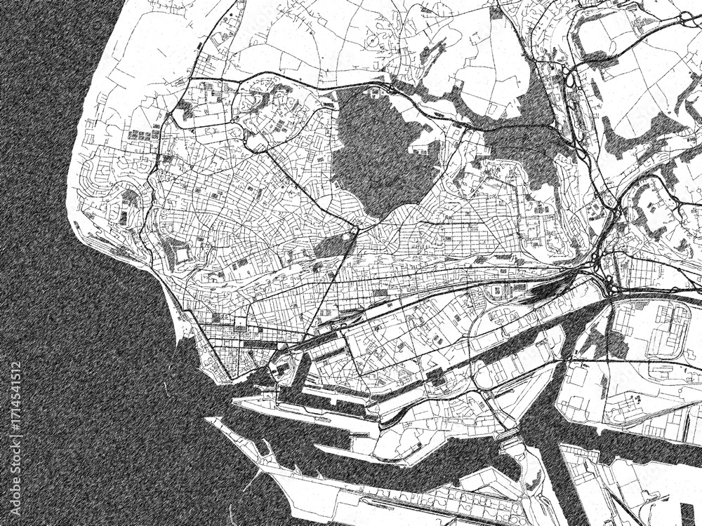 Fototapeta premium Detailed artistic sketch map of Le Havre, France, in monochrome black and white.