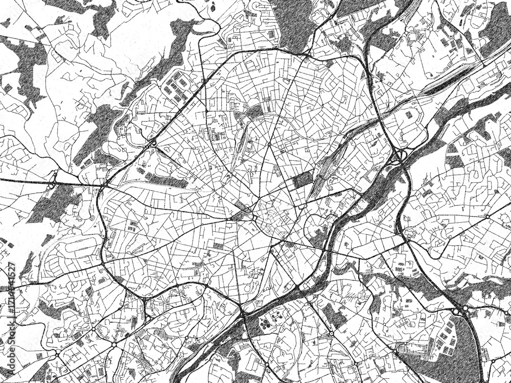 Obraz premium Urban black and white map of Limoges, France, designed in a sketch style for prints.