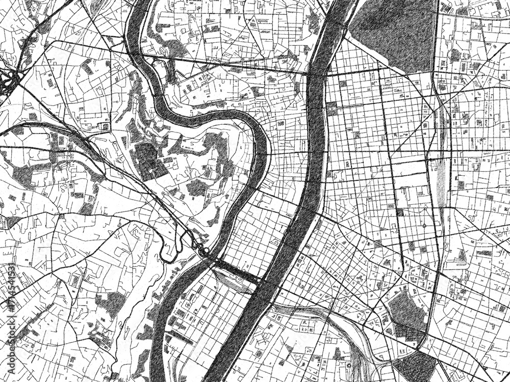 Obraz premium Black and white cartographic illustration of Lyon, France, in hand-drawn sketch form.