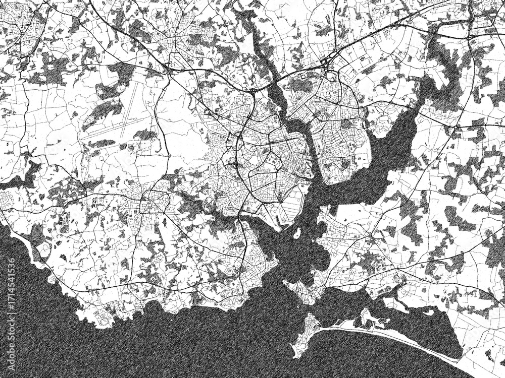 Obraz premium Black and white illustrated map of Lorient, France, with streets, rivers, and neighborhoods.