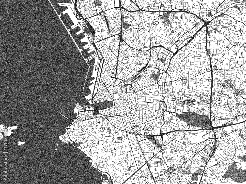 Naklejka premium Black and white illustrated map of Marseille, France, with streets, rivers, and neighborhoods.