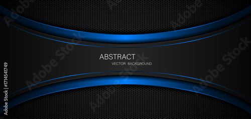 Abstract black and blue curves with blue lines on dark steel mesh background. with free space for design. modern technology innovation concept background	