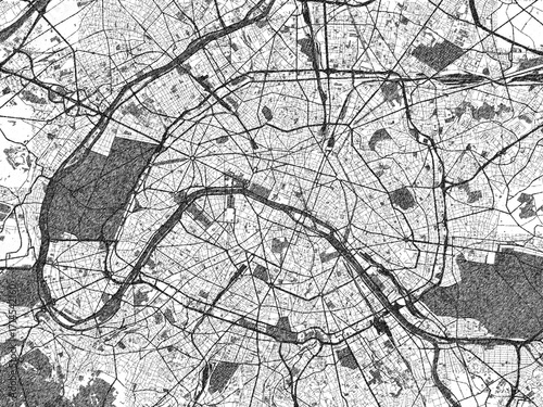 Photography Hand-drawn black and white city map of Paris, France, ready for wall art or editorial projects