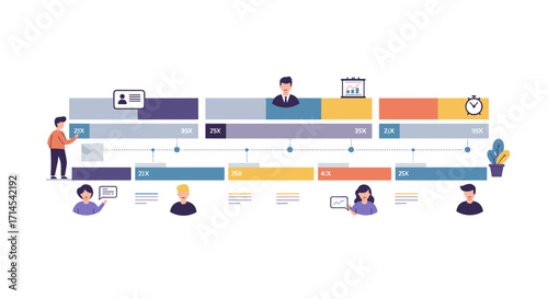 Project workflow timeline diagram with business team for planning and productivity vector illustration