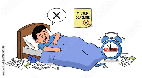 Missed deadline concept with sleeping man and alarm clock for time management posters vector illustration