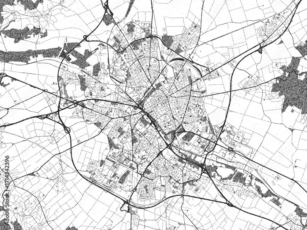 Obraz premium Detailed artistic sketch map of Reims, France, in monochrome black and white.