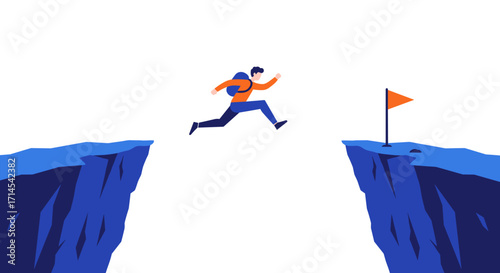 Achieving success concept with brave person leaping across cliff for inspirational design vector illustration
