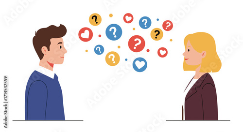 Communication concept with people conversing and question marks for social media design vector illustration