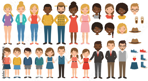 Diverse character creator pack vector illustration for custom avatars in design projects