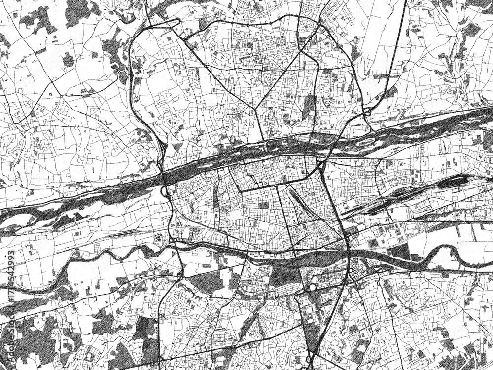 Naklejka premium Artistic urban sketch of Tours, France, detailed in black and white map form.