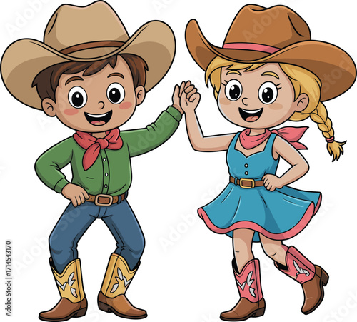 Cartoon cowboy and cowgirl children dancing together, western kids high five celebration, cute country style outfits, happy rural festival, playful farm party illustration, cheerful
