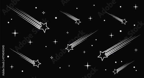 Black and white vector illustration of shooting stars and comets with glowing trails in cosmic perspective design.