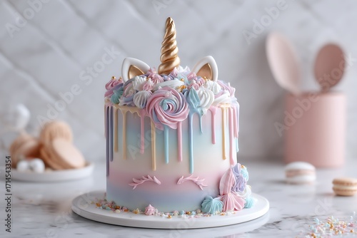 A whimsical unicorn-themed birthday cake with pastel rainbow drips and a horn topper, perfect for a magical celebration