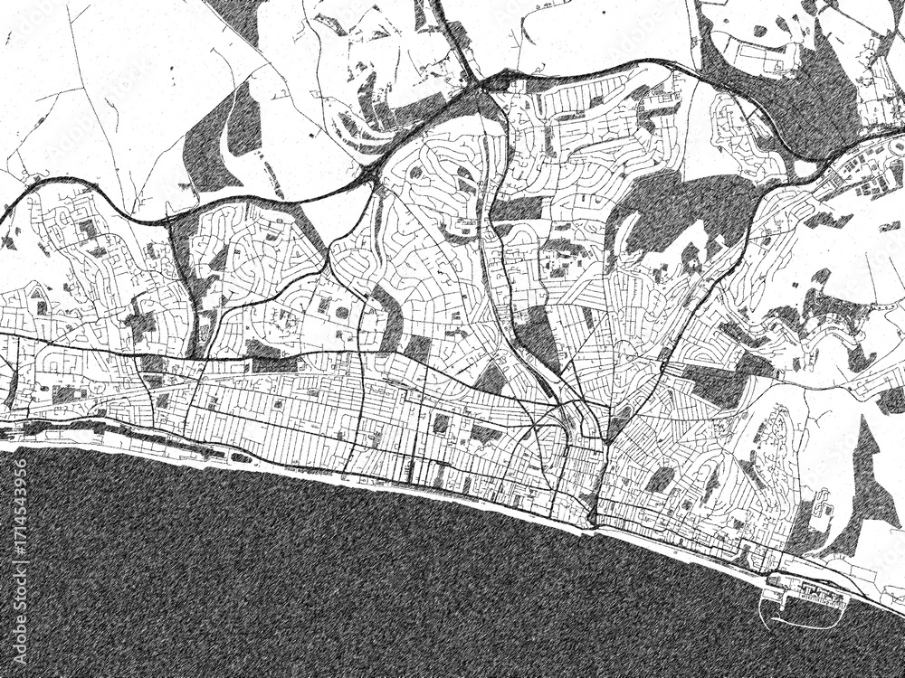Naklejka premium Decorative black and white map of Brighton, United Kingdom, rendered in sketch-like style.