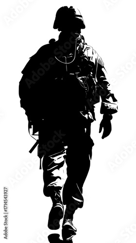 Silhouette of a Soldier Walking Forward in Black and White