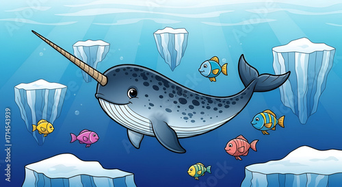 Narwhal with Long Spiral Tusk Swimming in Icy Arctic Waters Vector
