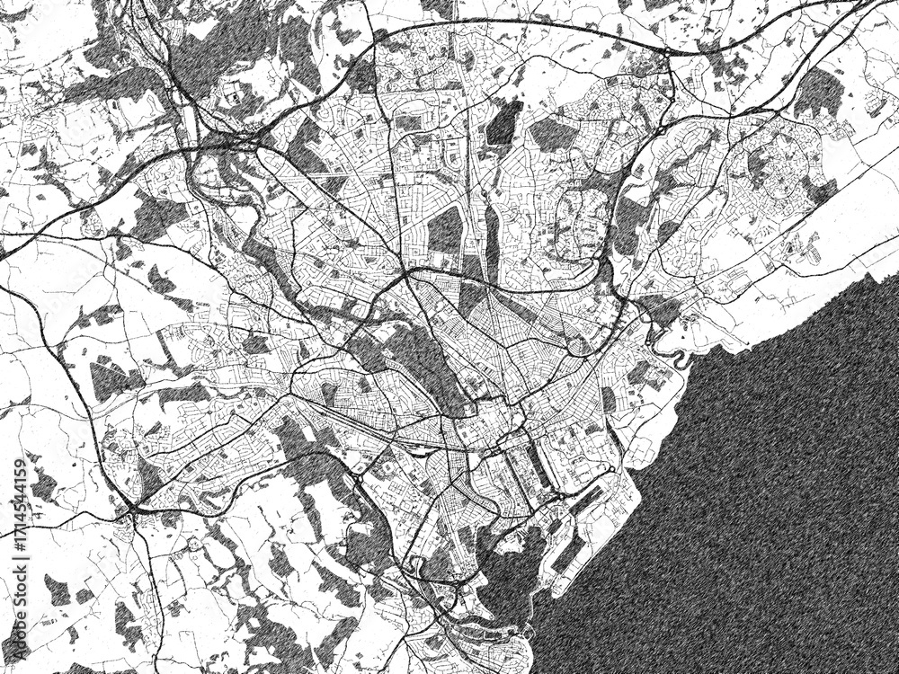 Fototapeta premium Minimalist monochrome city map of Cardiff, United Kingdom, illustrated with urban detail.