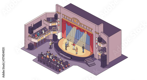 Isometric theater stage performance vector illustration for entertainment design