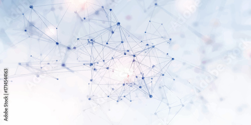 Digital connections and nodes linked through geometric lines, creating an abstract structure with glowing highlights, orange accents, and blurred white particles, symbolizing complexity, networking, 